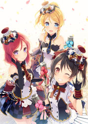Rule 34 | 10s, 3girls, 6u (eternal land), :d, ayase eli, bare shoulders, bibi (love live!), black gloves, black hair, blonde hair, blue eyes, cafe maid (love live!), checkered clothes, checkered skirt, detached collar, dress, earrings, elbow gloves, flower, gloves, grin, hand in own hair, happy tears, hat, jewelry, looking at viewer, love live!, love live! school idol festival, love live! school idol project, m/, microphone, microphone stand, mini hat, mini top hat, multiple girls, necktie, nico nico nii, nishikino maki, one eye closed, open mouth, petals, ponytail, purple eyes, red eyes, red hair, skirt, smile, standing, strapless, strapless dress, tears, top hat, twintails, yazawa nico
