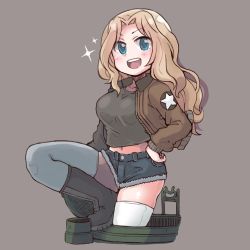 Rule 34 | 1girl, black shirt, blonde hair, blue eyes, blush, bomber jacket, boots, breasts, brown jacket, denim, denim shorts, es (eisis), girls und panzer, grey background, highres, jacket, kay (girls und panzer), long hair, long sleeves, looking at viewer, medium breasts, navel, open clothes, open jacket, open mouth, saunders military uniform, shirt, short shorts, shorts, simple background, solo, sparkle, star (symbol), teeth, thighhighs, upper teeth only, white thighhighs