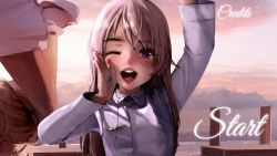 Rule 34 | 1girl, blonde hair, blush, cloud, day, diathorn, eila ilmatar juutilainen, hand on own face, hand up, highres, lips, long hair, looking at viewer, one eye closed, outdoors, pale skin, purple eyes, shouting, shouting with hands, solo, strike witches, teeth, uniform, visual novel, waving, world witches series