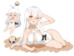 Rule 34 | 1girl, ;p, = =, armpits, arms up, azur lane, bare shoulders, beach volleyball, black bow, blush, bow, braid, breasts, cap105, chibi, chibi inset, cleavage, collarbone, commentary request, criss-cross halter, dojikko pose, full body, hair between eyes, halterneck, hermione (azur lane), hermione (pure white holiday) (azur lane), highres, large breasts, long hair, looking at viewer, low tied hair, lying, motion lines, navel, navel piercing, official alternate costume, on side, one-piece swimsuit, one eye closed, open mouth, piercing, sand, shadow, sidelocks, silver hair, simple background, single braid, smile, sweat, swimsuit, tongue, tongue out, very long hair, white background, white one-piece swimsuit, yellow eyes