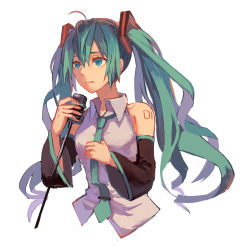 Rule 34 | 1girl, ahoge, bad id, bad pixiv id, detached sleeves, green eyes, green hair, hatsune miku, highres, kurenai907, long hair, matching hair/eyes, microphone, microphone stand, necktie, solo, twintails, upper body, very long hair, vocaloid, white background