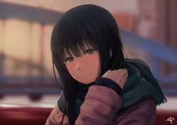 Rule 34 | 1girl, absurdres, black hair, blurry, blurry background, brown eyes, brown jacket, closed mouth, commentary request, ep (emio parn), face, grey scarf, highres, hood, hooded jacket, jacket, long hair, long sleeves, looking at viewer, original, scarf, signature, sleeves past wrists, solo