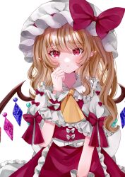 Rule 34 | 1girl, adapted costume, ascot, blonde hair, blush, bow, clenched hand, commentary, cowboy shot, crystal, eyelashes, eyes visible through hair, flandre scarlet, frilled shirt collar, frilled skirt, frilled wrist cuffs, frills, hair between eyes, hand up, hat, hat bow, heart, heart-shaped pupils, highres, huge bow, jaku sono, long hair, looking at viewer, mob cap, parted lips, pointy ears, puffy short sleeves, puffy sleeves, red bow, red eyes, red skirt, red vest, red wrist cuffs, shirt, shirt bow, short sleeves, sidelocks, signature, simple background, skirt, sleeve bow, solo, straight-on, symbol-shaped pupils, touhou, tsurime, vest, wavy hair, white background, white bow, white hat, white shirt, wings, wrist cuffs, yellow ascot