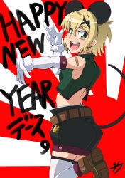 Rule 34 | 1girl, 2020, abiko zyozi, akatsuki kirika, animal ears, bad id, bad pixiv id, blonde hair, blush, breasts, fang, from behind, gloves, green eyes, hair ornament, happy new year, highres, looking at viewer, looking back, mouse ears, mouse girl, mouse tail, new year, open mouth, senki zesshou symphogear, shiny skin, short hair, shorts, smile, solo, standing, standing on one leg, tail, teeth, thighhighs, white thighhighs, x hair ornament