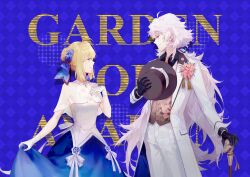 Rule 34 | 1boy, 1girl, ahoge, alternate costume, argon (caocaocaocaocao), artoria pendragon (all), artoria pendragon (fate), black gloves, blonde hair, blue background, blue dress, blue eyes, blue flower, blue rose, braid, braided bun, cane, capelet, clothes lift, dress, dress lift, english text, fate/grand order, fate (series), flower, formal, french braid, gloves, hair between eyes, hair bun, hat, highres, holding, holding cane, long hair, long sleeves, looking at another, merlin (fate), necktie, pants, pink necktie, profile, purple eyes, rose, saber (fate), see-through, smile, suit, top hat, very long hair, waistcoat, white gloves, white hair, white pants, white suit