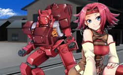 Rule 34 | 1girl, blue eyes, breasts, clenched hands, code geass, detached sleeves, glasgow (code geass), hairband, hand on own thigh, highres, kouzuki kallen, knightmare frame, looking at viewer, mecha, medium breasts, mengnaidu, red hair, red hairband, red sweater, red thighhighs, ribbed sweater, robot, science fiction, short hair, smile, sweater, thighhighs