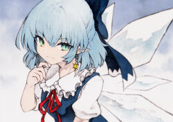 Rule 34 | 1girl, blue bow, blue dress, blue hair, bow, cirno, closed mouth, collared shirt, detached wings, dress, earrings, fairy, frilled shirt collar, frills, green eyes, hair bow, highres, ice, ice wings, jewelry, looking at viewer, pinafore dress, pointy ears, puffy short sleeves, puffy sleeves, qqqrinkappp, shirt, short hair, short sleeves, sleeveless, sleeveless dress, smile, solo, star (symbol), star earrings, touhou, traditional media, upper body, white shirt, wings