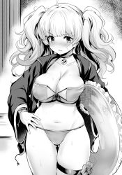 Rule 34 | 1girl, bikini, blush, breasts, granblue fantasy, greyscale, hand on own hip, hat, highres, innertube, jacket, kztk, large breasts, long hair, looking at viewer, monika weisswind, monochrome, peaked cap, solo, swim ring, swimsuit, thigh strap, thighs, twintails