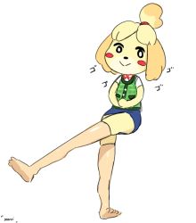 Rule 34 | 1girl, :&gt;, animal crossing, animal ears, artist name, black eyes, blonde hair, blue skirt, blush stickers, closed mouth, dog ears, dog girl, dog tail, female focus, flat chest, full body, furry, furry female, green vest, hair tie, happy, invisible chair, isabelle (animal crossing), japanese text, leg up, legs, looking at viewer, miniskirt, neck ribbon, nintendo, own hands together, pencil skirt, pink thighhighs, plaid, plaid vest, red ribbon, ribbon, scorci, shiny clothes, shirt, short hair, short sleeves, signature, sitting, sketch, skindentation, skirt, smile, solo, tail, thighhighs, topknot, translation request, vest, what, white shirt