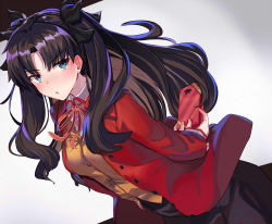 Rule 34 | 1girl, arms behind back, black hair, black ribbon, black skirt, blue eyes, blush, breasts, cardigan vest, chocolate, collared shirt, fate/stay night, fate (series), floating hair, from side, gift, hair ribbon, holding, holding gift, homurahara academy school uniform, jacket, long hair, looking at viewer, neck ribbon, ninoude (ninoude44), parted lips, pleated skirt, red jacket, red ribbon, ribbon, school uniform, shirt, skirt, solo, tohsaka rin, tsundere, twintails, two side up, v-shaped eyebrows, valentine, white shirt