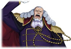 Rule 34 | 1boy, arm at side, arm up, artist request, ascot, beard, cape, charles zi britannia, clenched hand, code geass, code geass: lost stories, cropped torso, epaulettes, facial hair, forehead, full beard, furrowed brow, game cg, gloves, grey hair, highres, jacket, long hair, looking at viewer, male focus, military uniform, non-web source, official art, old, old man, open mouth, purple eyes, purple jacket, red cape, shouting, simple background, solo, standing, teeth, tongue, transparent background, uniform, upper body, v-shaped eyebrows, white ascot, white gloves