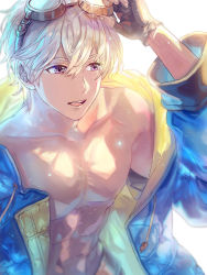 Rule 34 | 1boy, abs, bare pectorals, blue hoodie, collarbone, commentary request, dark-skinned male, dark skin, goggles, goggles on head, granblue fantasy, hand on goggles, hood, hoodie, joel (granblue fantasy), long sleeves, looking afar, male focus, misuguu, no nipples, open clothes, open hoodie, open mouth, pectorals, purple eyes, short hair, solo, teeth, toned, toned male, two-tone hoodie, upper body, upper teeth only, white hair, yellow hoodie