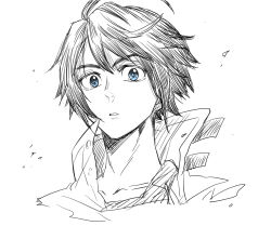 Rule 34 | 1boy, absurdres, black hair, blue eyes, cropped neck, cropped torso, greyscale, gundam, gundam tekketsu no orphans, highres, jacket, kudou makoto, looking at viewer, looking down, male focus, mikazuki augus, monochrome, parted lips, simple background, sketch, solo, spot color, white background