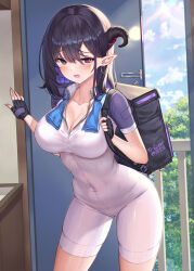 Rule 34 | 1girl, backpack, bag, black gloves, black hair, blush, breasts, cleavage, colored inner hair, covered navel, cowboy shot, day, demon girl, demon horns, earrings, fingerless gloves, fingernails, gloves, gluteal fold, hamahama, highres, horns, jewelry, large breasts, lens flare, leotard, looking at viewer, multicolored hair, open door, open mouth, original, pointy ears, purple hair, sharp fingernails, short sleeves, skin tight, solo, towel, towel around neck, white leotard
