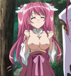 Rule 34 | animated, animated gif, blush, bouncing breasts, breasts, koihime musou, long hair, nipples, pink hair, ryuubi, screencap, smile, solo