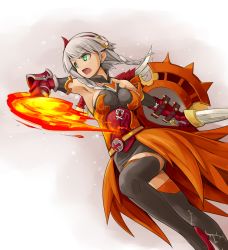Rule 34 | 1girl, armor, armored dress, armpits, attack, bare shoulders, belt, black dress, black thighhighs, braid, breasts, dress, dual wielding, earrings, fire, fire valkyrie (p&amp;d), gauntlets, green eyes, hair ornament, holding, holding sword, holding weapon, jewelry, large breasts, leg up, memento vivi, open mouth, plant, puzzle &amp; dragons, red valkyrie (p&amp;d), ribbon, shield, short hair, short hair with long locks, sideboob, silver hair, sleeveless, sleeveless dress, solo, sword, thighhighs, thorns, twin braids, valkyrie, valkyrie (p&amp;d), vines, weapon, white ribbon, zettai ryouiki