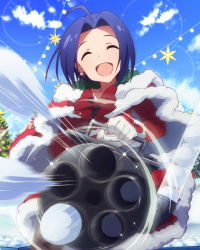Rule 34 | 10s, 1girl, ^ ^, ahoge, black pantyhose, blue hair, bow, christmas tree, closed eyes, closed eyes, fur trim, gatling gun, gloves, gun, idolmaster, idolmaster (classic), idolmaster million live!, miura azusa, murder, official art, open mouth, ornament, pantyhose, red bow, short hair, smile, snow, snowball, snowball fight, solo, tree, weapon, white gloves, winter, winter clothes
