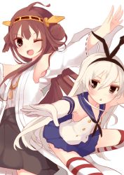Rule 34 | &gt;;d, 10s, 2girls, blonde hair, brown eyes, brown hair, fang, gloves, hairband, highres, kantai collection, kongou (kancolle), long hair, multiple girls, one eye closed, sailor collar, shimakaze (kancolle), shuuno (rcrock), smile, striped clothes, striped thighhighs, thighhighs, triangle mouth, v-shaped eyebrows