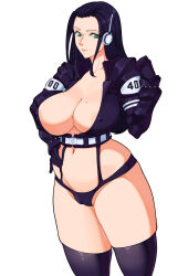 Rule 34 | 1girl, 47 hard, alternate costume, areola slip, black hair, blue eyes, breasts, cameltoe, closed mouth, collarbone, covered erect nipples, cowboy shot, gloves, highres, huge breasts, jacket, long hair, looking at viewer, midriff, navel, nico robin, one piece, open clothes, open jacket, purple thighhighs, revealing clothes, simple background, smile, solo, standing, thighhighs, white background, wide hips