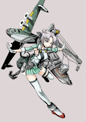 Rule 34 | 10s, 1girl, ahoge, aircraft, airplane, akitsushima (kancolle), anchor, anchor hair ornament, breasts, cannon, earrings, gloves, grey eyes, grey hair, hair ornament, hair ribbon, hat, jacket, jewelry, kamizono (spookyhouse), kantai collection, large breasts, long hair, machine, machinery, mecha, miniskirt, nishikitaitei-chan, outstretched arms, pleated skirt, ribbon, robot, seaplane, side ponytail, sidelocks, skirt, smile, solo, spread arms, thighhighs, turret, uniform, weapon, white gloves, white thighhighs, zettai ryouiki