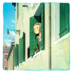 Rule 34 | 1girl, blush, building, drainpipe, green hair, grey eyes, hair ornament, hairclip, looking outside, open mouth, original, plant, potted plant, short hair, solo, window, yoshida seiji