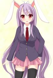 Rule 34 | 1girl, animal, animal ears, animal on head, black thighhighs, blazer, blush, breasts, chimunge, female focus, highres, inaba mob (touhou), jacket, large breasts, long hair, looking at viewer, necktie, on head, pleated skirt, purple hair, rabbit, rabbit ears, red eyes, red necktie, reisen udongein inaba, skirt, solo, thighhighs, touhou, very long hair, zettai ryouiki