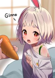 Rule 34 | + +, 1girl, 1other, animal ear fluff, bean bag chair, blurry, blurry background, carrot, ear down, english text, food, highres, hungry, medium hair, motto notto, notched ear, off shoulder, open mouth, original, oversized clothes, rabbit ears, rabbit girl, red eyes, round teeth, silver hair, teeth