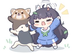 Rule 34 | 1girl, animal, animal ears, arms up, black hair, blue archive, blue shirt, blue skirt, blush stickers, chibi, closed eyes, commentary, full body, green neckerchief, grey halo, halo, leaf, leaf on head, long hair, long sleeves, miyu (blue archive), neckerchief, no nose, open mouth, outstretched arms, rabbit ears, shirt, skirt, standing, umihio, v-shaped eyebrows, very long hair, white footwear