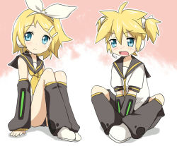 Rule 34 | 1boy, 1girl, alternate hairstyle, bad id, bad pixiv id, blonde hair, blue eyes, brother and sister, kagamine len, kagamine rin, maruki (punchiki), school uniform, serafuku, short hair, short twintails, siblings, sitting, twins, twintails, vocaloid