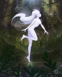 Rule 34 | 1girl, ahoge, barefoot, breasts, commentary, completely nude, english commentary, closed eyes, fairy, fairy wings, floating, flying, forest, highres, huge ahoge, leg lift, long hair, medium breasts, nature, no nipples, nude, original, ripples, silver hair, simz, solo, very long hair, water, water drop, wings