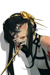 Rule 34 | 1girl, bare shoulders, black dress, black hair, blood, blood on arm, blood on hands, bloody weapon, blush, breasts, cleavage, dagger, dress, earrings, flower, gold, gold earrings, gold hairband, hair between eyes, hair flower, hair ornament, hairband, highres, holding, holding dagger, holding knife, holding weapon, jewelry, knife, large breasts, looking at viewer, open mouth, qi mang (qimang), red eyes, rose, sidelocks, spy x family, weapon, white background, yor briar