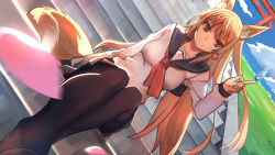 Rule 34 | 1girl, animal ears, bell, cherry blossoms, dutch angle, fox ears, fox tail, grass, hair bell, hair ornament, highres, hitodama, kamisakai, kitsune, original, pantyhose, petals, school uniform, sitting, sitting on stairs, smile, solo, stairs, tail, torii, wallpaper
