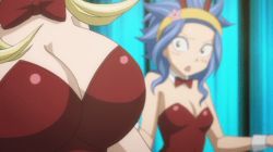 Rule 34 | 2girls, animated, animated gif, blonde hair, blue hair, bouncing breasts, breast envy, breasts, cleavage, fairy tail, large breasts, levy mcgarden, lucy heartfilia, multiple girls, playboy bunny, small breasts