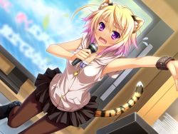 Rule 34 | 1girl, animal ears, bare shoulders, blonde hair, blush, bracelet, breasts, byoubu tetora, cat ears, cat tail, fang, game cg, gradient hair, highres, indoors, jewelry, karaoke, microphone, multicolored hair, music, otomimi infinity, outstretched arm, purple eyes, short hair, singing, skirt, solo, sweat, tail, zipper