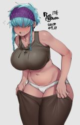 Rule 34 | 1girl, 2019, agawa ryou, belly, blue hair, blush, braid, breasts, clothes pull, covered eyes, crop top, curvy, dark-skinned female, dark skin, dated, dressing, ear piercing, hair over eyes, large breasts, navel, original, panties, pants, pants pull, piercing, short hair, side braids, sleeveless, solo, thick thighs, thighs, underwear, white panties