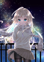 Rule 34 | 1girl, black pantyhose, blonde hair, blue eyes, blue hair, breasts, brown scarf, brown skirt, cat tail, closed mouth, commentary request, cowboy shot, fringe trim, hair between eyes, hand up, indie virtual youtuber, long hair, long sleeves, multicolored hair, night, night sky, outdoors, pantyhose, plaid, plaid scarf, pleated skirt, puffy long sleeves, puffy sleeves, scarf, signature, skirt, sky, sleeves past wrists, small breasts, smile, solo, standing, star (sky), starry sky, sweater, tail, thighband pantyhose, two-tone hair, uchuuneko, uchuuneko (vtuber), very long hair, virtual youtuber, white sweater