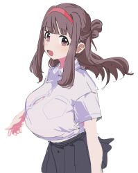 1girl :d black_skirt blunt_bangs blush breast_pocket breasts brown_hair button_gap collared_shirt dress_shirt hair_bun hairband half_updo highres large_breasts long_hair looking_at_viewer miniskirt open_mouth original osakana_(kitasisn) pleated_skirt pocket red_eyes red_hairband sakazaka-chan_(osakana) shirt shirt_tucked_in short_sleeves sidelocks simple_background single_hair_bun skirt smile solo upper_body white_background white_shirt