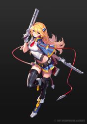 Rule 34 | 1girl, black background, black thighhighs, blazblue, blonde hair, bolverk, boots, breasts, from side, gloves, green eyes, gun, hair between eyes, hair ornament, hairclip, holding, holding weapon, long hair, looking at viewer, noel vermillion, parted lips, pleated skirt, punc p, sideboob, simple background, skirt, sleeveless, small breasts, solo, thighhighs, weapon, white gloves, zettai ryouiki