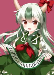 Rule 34 | 1girl, bow, dress, ex-keine, green dress, green hair, highres, holding, holding scroll, horn bow, horn ornament, horns, kamishirasawa keine, long hair, looking at viewer, multicolored hair, open mouth, pink background, red bow, red eyes, red neckwear, ruu (tksymkw), scroll, short sleeves, silver hair, simple background, smile, solo, standing, touhou, two-tone hair