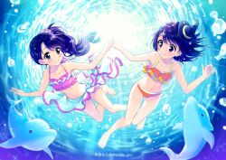 Rule 34 | 2girls, air bubble, animal, artist name, bikini, blue eyes, blue hair, blush, bubble, check commentary, collarbone, commentary request, dolphin, from below, hat, highres, holding hands, light rays, multiple girls, navel, nishida yuu, ocean, original, purple eyes, sarong, smile, sun, sunlight, swimming, swimsuit, twitter username, underwater, witch, witch hat
