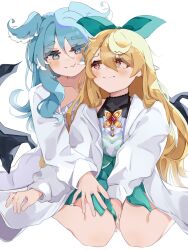 Rule 34 | 2girls, between legs, blonde hair, blue eyes, blue hair, blush, bow, breasts, cleavage, collarbone, commentary, dragon wings, elira pendora, fang, hair between eyes, hair bow, hand between legs, hand on another&#039;s thigh, head wings, heart, heart-shaped pupils, heterochromia, highres, hisuisai e5, long hair, looking at another, low wings, multiple girls, nijisanji, nijisanji en, nose blush, pointy ears, pomu rainpuff, red eyes, skin fang, symbol-only commentary, symbol-shaped pupils, virtual youtuber, wings, yuri