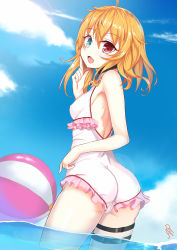 Rule 34 | 1girl, absurdres, aqua eyes, ass, bad id, bad pixiv id, ball, bare shoulders, beachball, blonde hair, breasts, cameltoe, cloud, covered erect nipples, day, heterochromia, highres, looking at viewer, looking back, one-piece swimsuit, open mouth, original, red eyes, short hair, sky, solo, swimsuit, tori (king8162635), wading