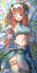 1girl ;d absurdres arms_up blue_eyes blue_nails blue_skirt blush breasts brooch circlet cowboy_shot crop_top flower from_above genshin_impact gold_trim harem_outfit highres horns jewelry long_sleeves looking_at_viewer lying medium_breasts nail_polish nanamo_yado neck_ring nilou_(genshin_impact) on_back one_eye_closed open_mouth parted_bangs pelvic_curtain puffy_long_sleeves puffy_sleeves red_hair see-through_clothes see-through_sleeves shallow_water shrug_(clothing) skirt smile stomach thighlet thighs veil vision_(genshin_impact) water wet wet_clothes white_veil