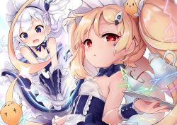 Rule 34 | 2girls, ahoge, alternate costume, apron, azur lane, bad id, bad twitter id, bare shoulders, belfast (azur lane), bird, blush, bow, bowtie, breasts, chick, commentary request, cup, dress, eldridge (azur lane), embarrassed, enmaided, gloves, hair ornament, hairclip, holding, huge ahoge, kedama milk, little bel (azur lane), long hair, looking at viewer, maid, maid apron, maid headdress, multiple girls, one side up, open mouth, parted lips, purple dress, purple eyes, purple neckwear, red eyes, silver hair, small breasts, sparks, sweatdrop, teacup, teapot, tray, twintails, very long hair, white apron, white gloves