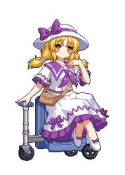 Rule 34 | 1girl, bag, blonde hair, bow, closed mouth, commentary request, dress, hat, hat bow, looking at viewer, louise (touhou), low twintails, lowres, medium hair, pixel art, purple bow, purple sailor collar, sailor collar, shoulder bag, simple background, sitting, smile, solo, touhou, touhou (pc-98), touhou mystia&#039;s izakaya, twintails, white background, white dress, white hat, yellow eyes, youzikk