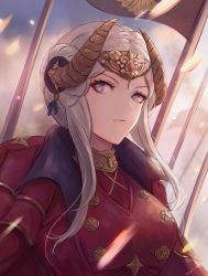 Rule 34 | 1girl, banner, breasts, closed mouth, day, double bun, dress, edelgard von hresvelg, fake horns, fire emblem, fire emblem: three houses, hair ornament, headpiece, horns, leonmandala, looking at viewer, medium breasts, motion blur, nintendo, outdoors, purple eyes, red dress, serious, short hair with long locks, sidelocks, silver hair, solo, upper body, v-shaped eyebrows