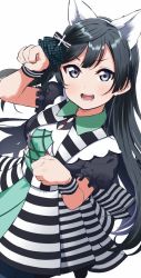 Rule 34 | 1girl, :d, animal ears, black hair, black shirt, closed eyes, determined, fake animal ears, grey eyes, long hair, looking at viewer, love live!, love live! nijigasaki high school idol club, maze town (love live!), one side up, open mouth, paw pose, puffy short sleeves, puffy sleeves, shirt, short sleeves, simple background, skirt, smile, solo, striped clothes, striped skirt, totoki86, two-tone skirt, v-shaped eyebrows, white background, white skirt, wrist cuffs, yuuki setsuna (love live!)