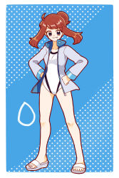 Rule 34 | 1girl, badge, black eyes, blue background, breasts, brown hair, cosplay, creatures (company), fang, full body, game freak, gym leader badge, hands on own hips, hibikileon, highres, may (pokemon), medium hair, misty (pokemon), misty (pokemon) (cosplay), nintendo, one-piece swimsuit, pokemon, pokemon adventures, pokemon hgss, polka dot, polka dot background, sandals, small breasts, solo, standing, swimsuit, twintails