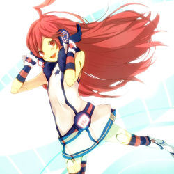 Rule 34 | 1girl, ahoge, bad id, bad pixiv id, belt, blush, boots, dress, female focus, gloves, gyoniku sausage, headphones, headset, kneehighs, long hair, red eyes, red hair, sf-a2 miki, smile, socks, solo, star (symbol), striped clothes, striped gloves, striped socks, thighhighs, very long hair, vocaloid, white background, wrist cuffs