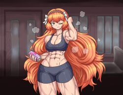 Rule 34 | 1girl, abs, can, drink can, hair ribbon, highres, ishmael (project moon), limbus company, long hair, muscular, muscular female, one eye closed, orange eyes, orange hair, project moon, ribbon, sheepapp, shorts, soda can, solo, steam, sweat, tank top, thick thighs, thighs, toned, very long hair